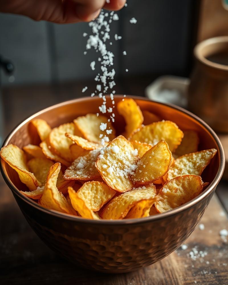 Thick kettle chips being hand-salted in a large copper bowl